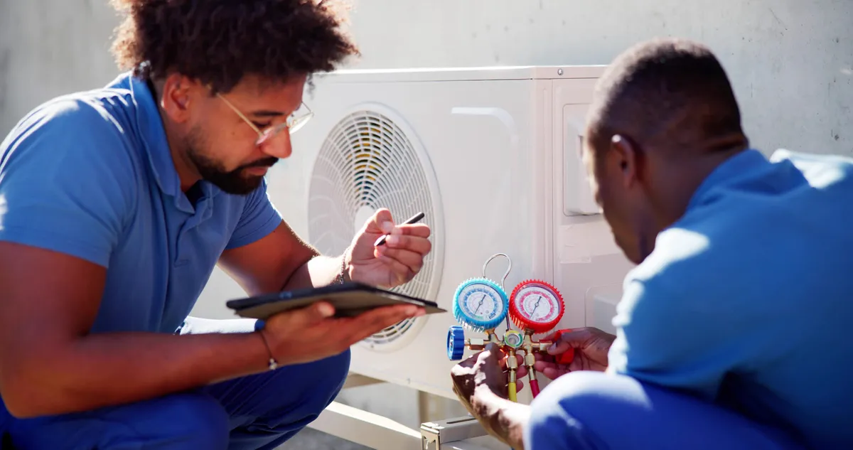 Two technicians using refrigerant gauges to diagnose a commercial air conditioning unit — illustrative stock photo, not an actual St. George job site